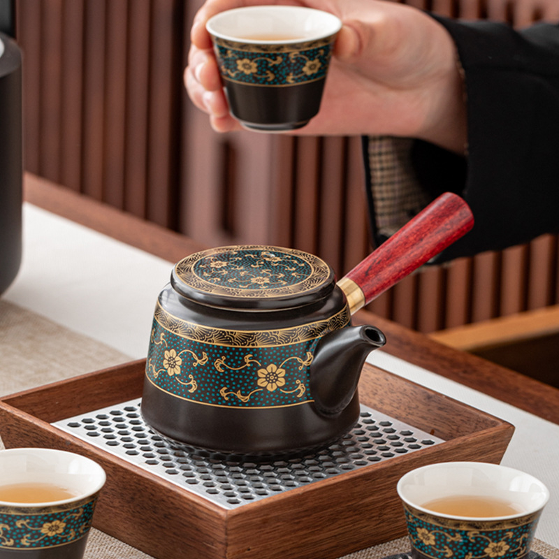 Ceainic ceramic cu mâner lateral din lemn, design anti-arziere, stil chinezesc Kung Fu, set de ceai cu filtrare și separare ceai-apă