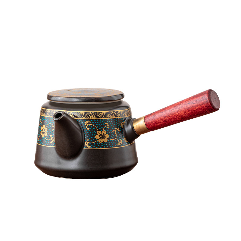 Ceainic ceramic cu mâner lateral din lemn, design anti-arziere, stil chinezesc Kung Fu, set de ceai cu filtrare și separare ceai-apă