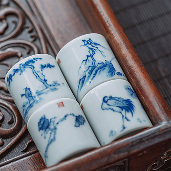 Set din ceramică, stil antic, albastru‑alb: capac și suport pentru cești, accesorii pentru ceai Kung Fu