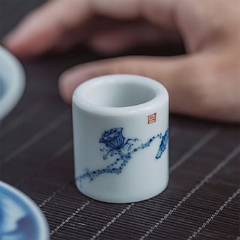 Set din ceramică, stil antic, albastru‑alb: capac și suport pentru cești, accesorii pentru ceai Kung Fu