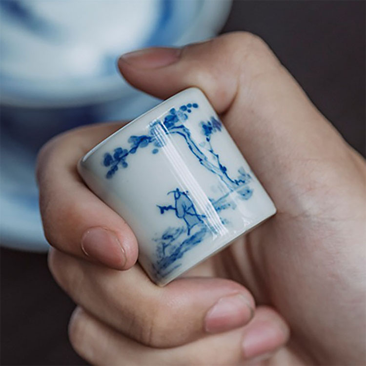 Set din ceramică, stil antic, albastru‑alb: capac și suport pentru cești, accesorii pentru ceai Kung Fu