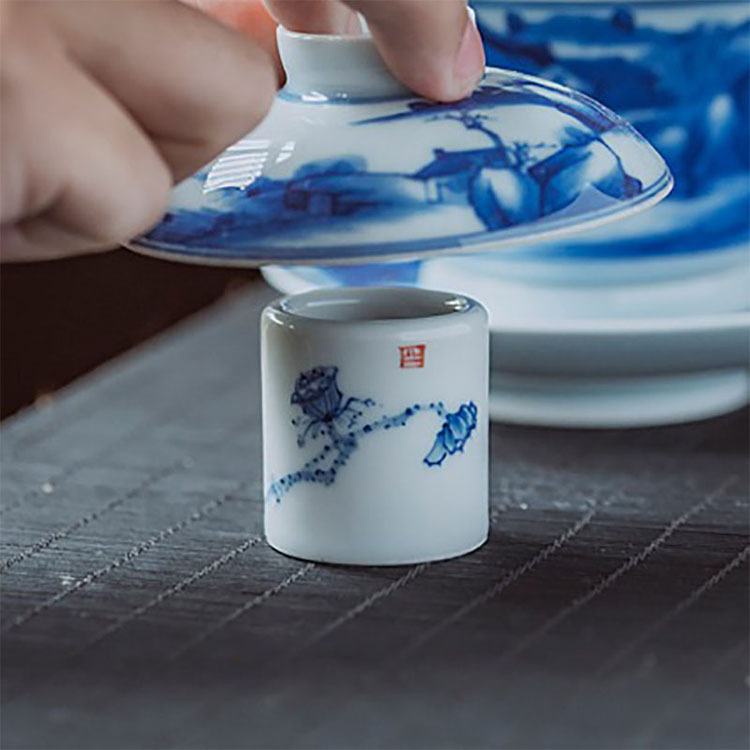 Set din ceramică, stil antic, albastru‑alb: capac și suport pentru cești, accesorii pentru ceai Kung Fu