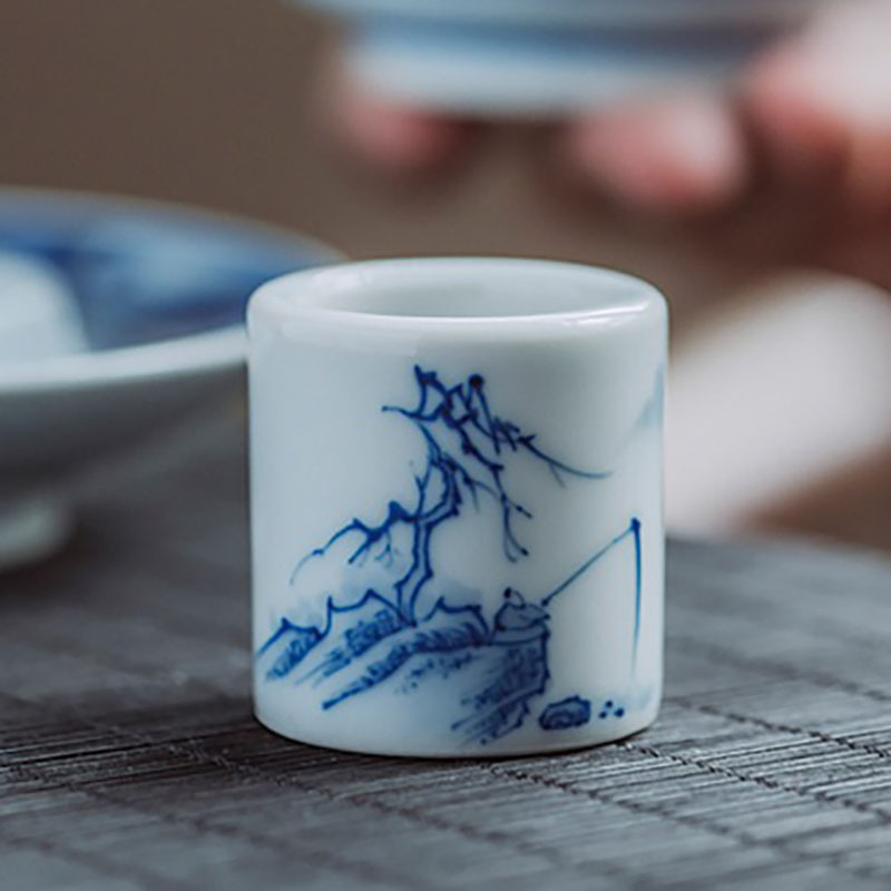 Set din ceramică, stil antic, albastru‑alb: capac și suport pentru cești, accesorii pentru ceai Kung Fu