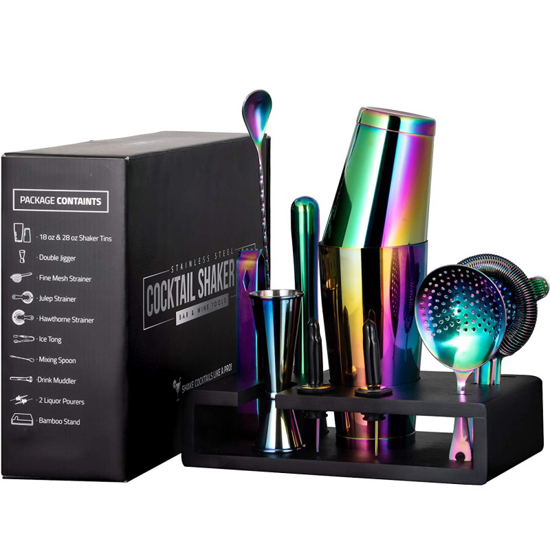 Set Boston din oțel inoxidabil multicolor pentru cocktailuri, shaker și instrumente de bar, 14 piese