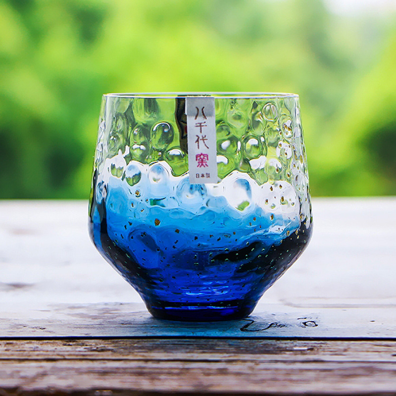 Pahar de cristal cu foiță de aur și cer înstelat, stil japonez, pentru apă, whiskey și sake