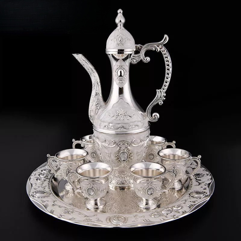 Set de băut din opt piese cu cană de argint pentru vin și pahare mici, stil clasic chinezesc, pentru uz casnic și cadou decorativ