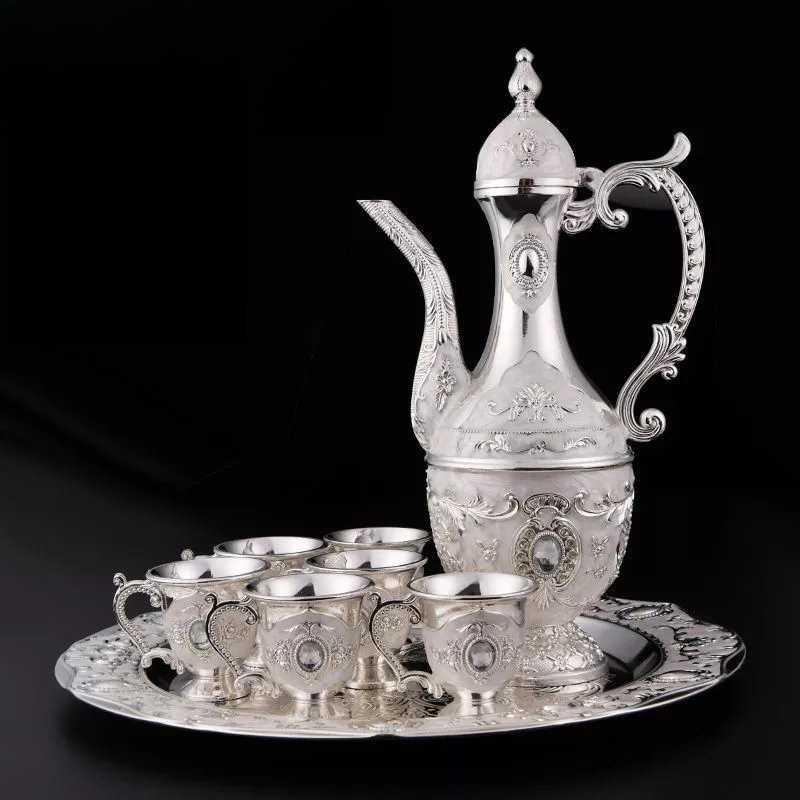 Set de băut din opt piese cu cană de argint pentru vin și pahare mici, stil clasic chinezesc, pentru uz casnic și cadou decorativ