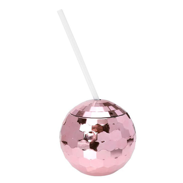 Pahar din plastic pentru apă cu design discoball și mingi strălucitoare, sferă electroplacată, pahar cu pai, stil de vin, 501–600 ml