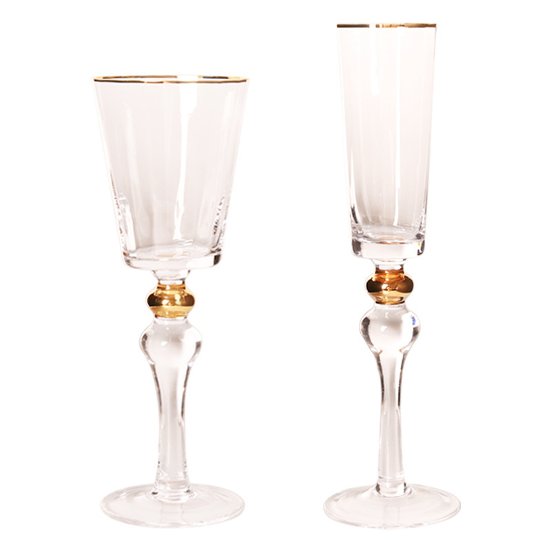 Pahar de șampanie din cristal, lucrat manual, margine cu mărgele aurii, stil ceremonial, 201–300 ml