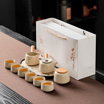 Set ceai ceramic Kung Fu pentru uz casnic — ceainic, căni, tavă de ceai absorbentă și cutie cadou