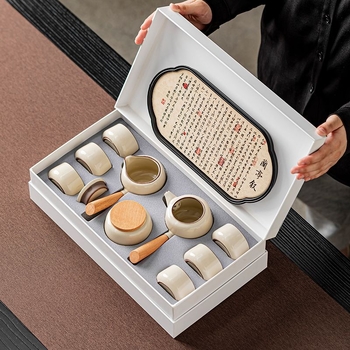Set ceai ceramic Kung Fu pentru uz casnic — ceainic, căni, tavă de ceai absorbentă și cutie cadou