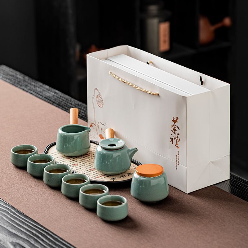 Set ceai ceramic Kung Fu pentru uz casnic — ceainic, căni, tavă de ceai absorbentă și cutie cadou