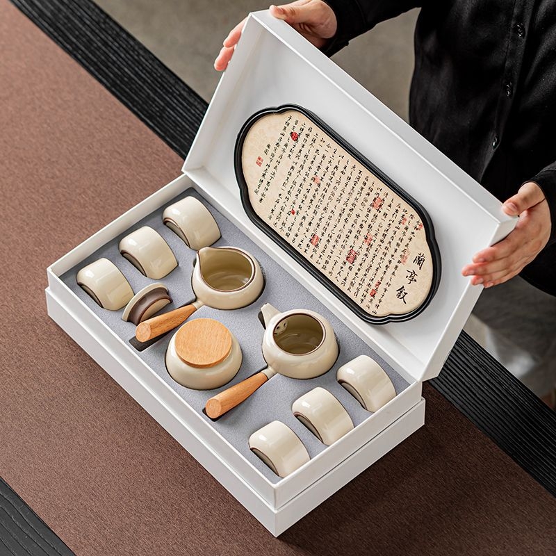 Set ceai ceramic Kung Fu pentru uz casnic — ceainic, căni, tavă de ceai absorbentă și cutie cadou