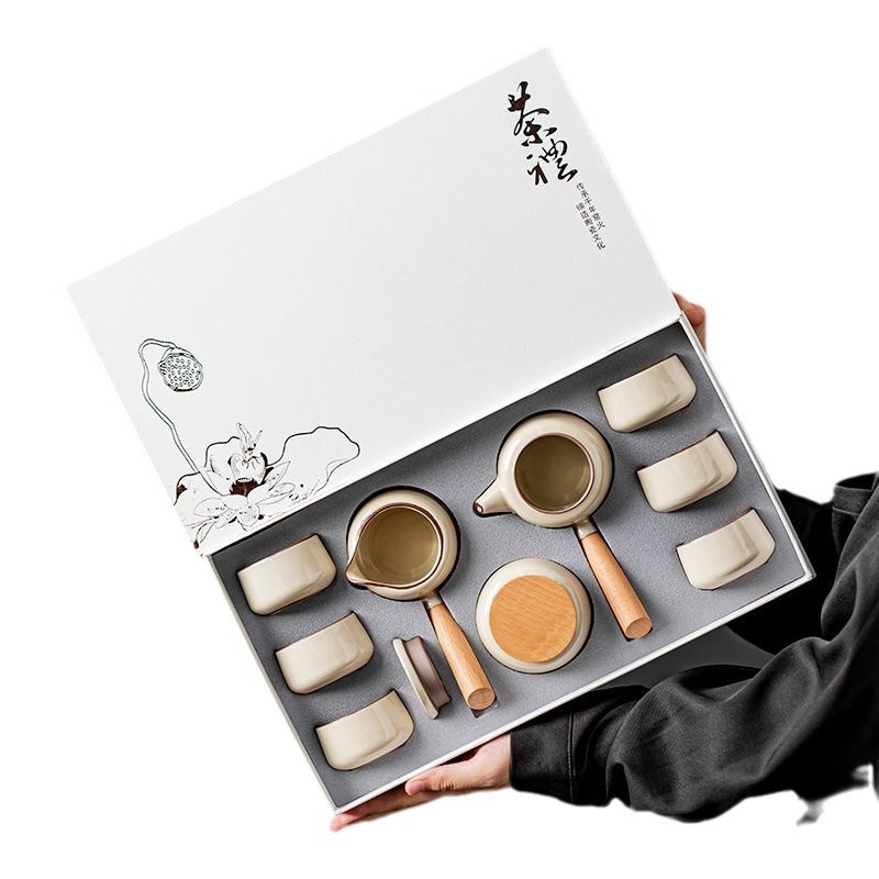 Set ceai ceramic Kung Fu pentru uz casnic — ceainic, căni, tavă de ceai absorbentă și cutie cadou