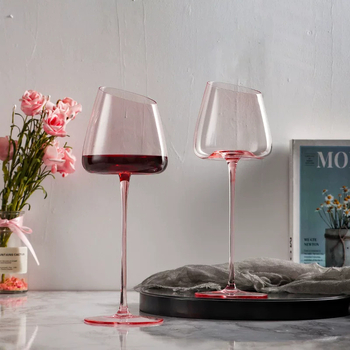Pahare de vin roz cu margine înclinată, flamingo, cristal fără plumb, 401–500 ml, set de 2, stil modern minimalist