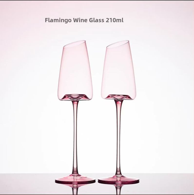 Pahare de vin roz cu margine înclinată, flamingo, cristal fără plumb, 401–500 ml, set de 2, stil modern minimalist