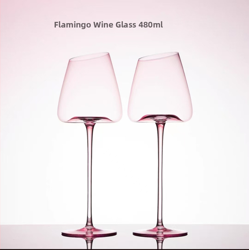 Pahare de vin roz cu margine înclinată, flamingo, cristal fără plumb, 401–500 ml, set de 2, stil modern minimalist