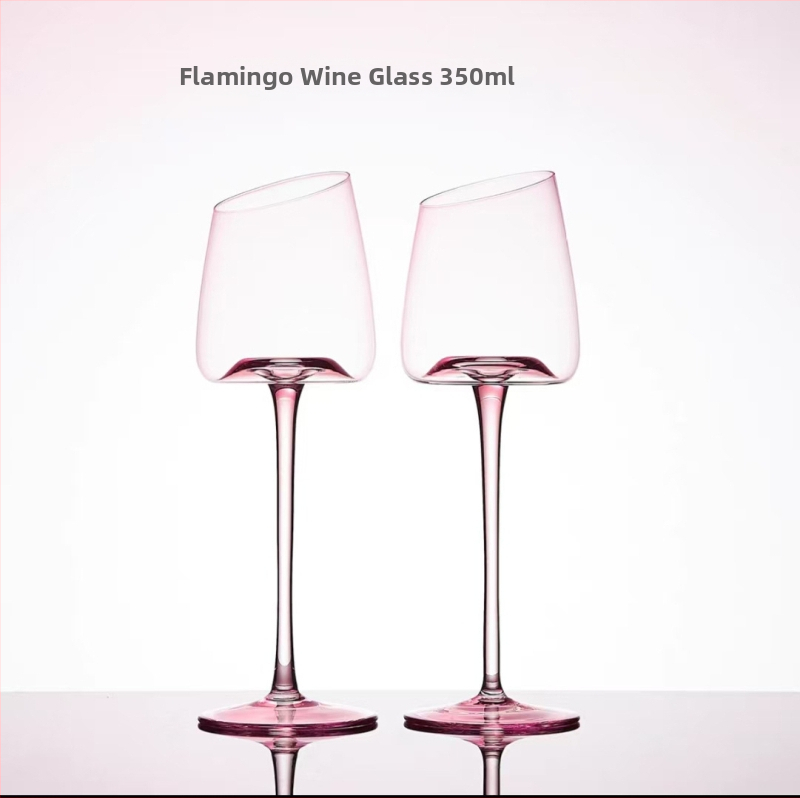 Pahare de vin roz cu margine înclinată, flamingo, cristal fără plumb, 401–500 ml, set de 2, stil modern minimalist