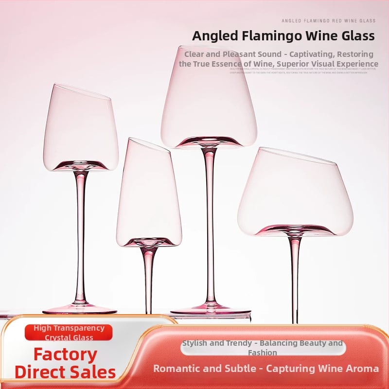 Pahare de vin roz cu margine înclinată, flamingo, cristal fără plumb, 401–500 ml, set de 2, stil modern minimalist