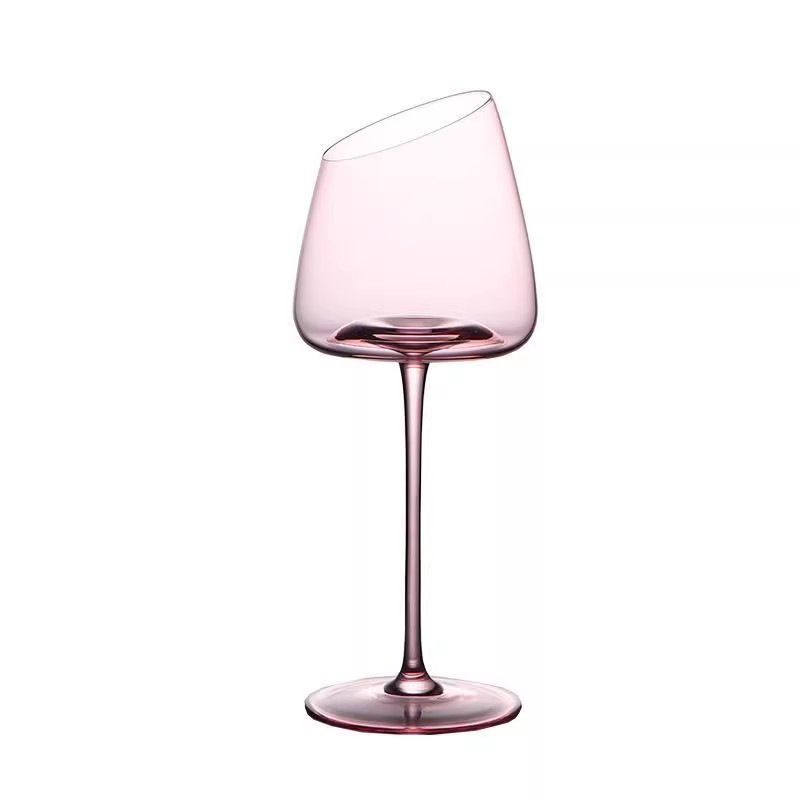 Pahare de vin roz cu margine înclinată, flamingo, cristal fără plumb, 401–500 ml, set de 2, stil modern minimalist