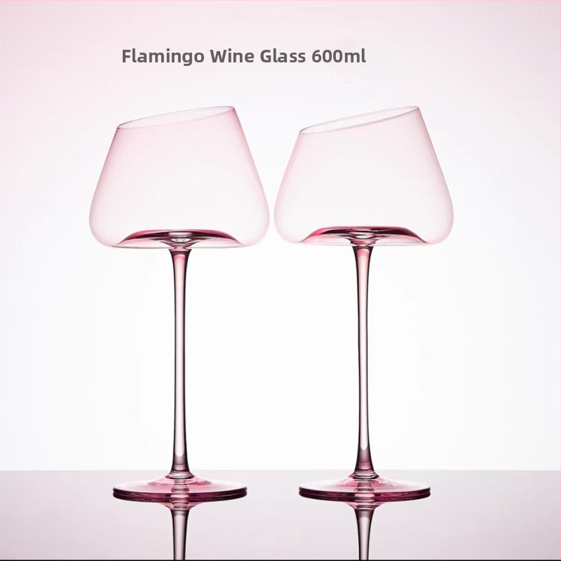 Pahare de vin roz cu margine înclinată, flamingo, cristal fără plumb, 401–500 ml, set de 2, stil modern minimalist