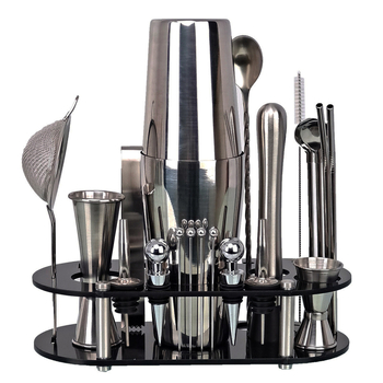 Set de 21 piese pentru cocktailuri, cu suport din acrilic negru și pietre albe pentru aerare