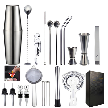 Set de 21 piese pentru cocktailuri, cu suport din acrilic negru și pietre albe pentru aerare