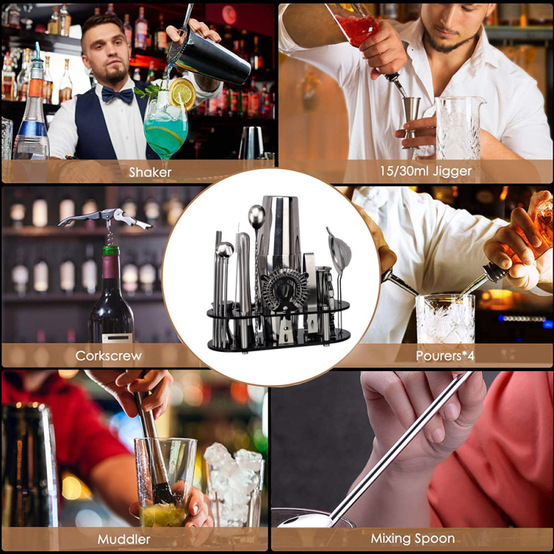 Set de 21 piese pentru cocktailuri, cu suport din acrilic negru și pietre albe pentru aerare