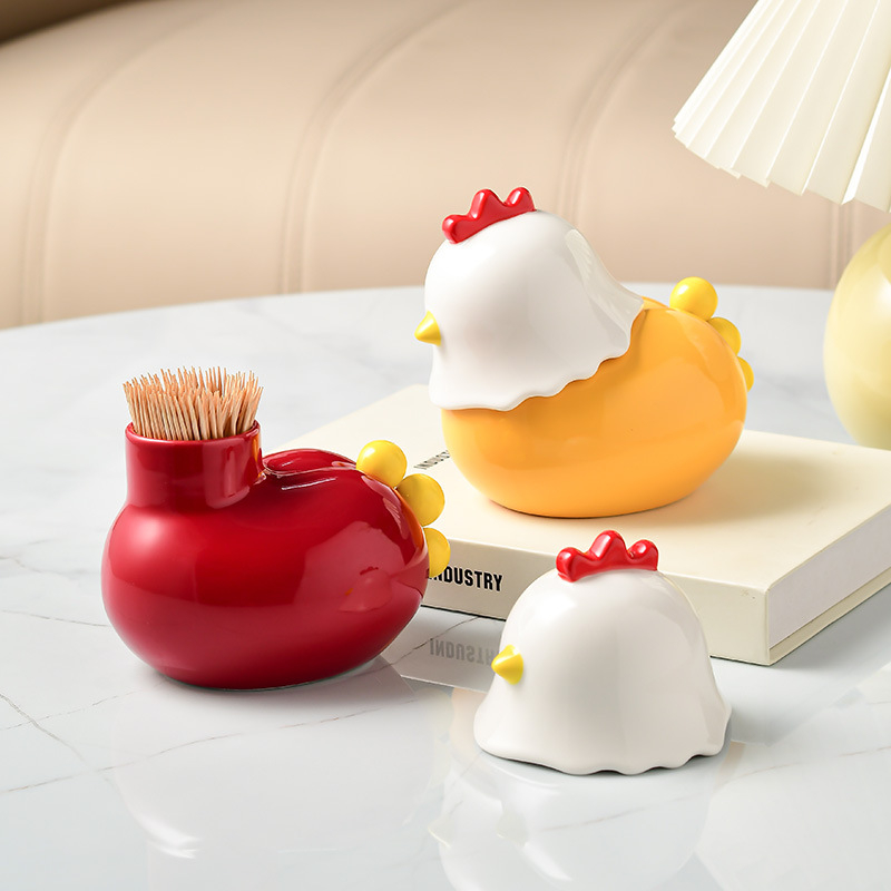 Set dublu: suport ceramic pentru scobitori și set de furculițe pentru fructe, cu design drăguț de pui