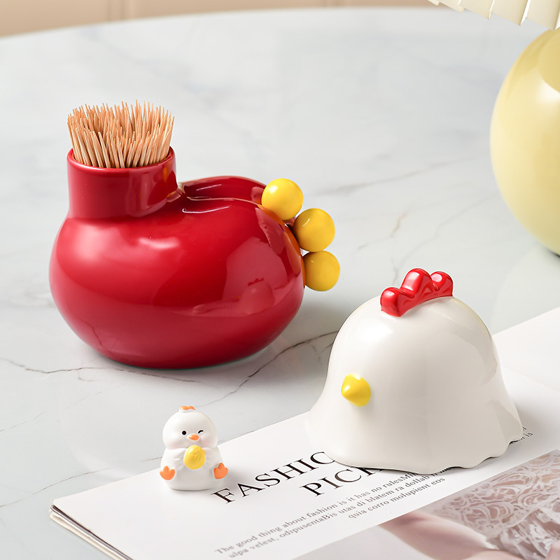 Set dublu: suport ceramic pentru scobitori și set de furculițe pentru fructe, cu design drăguț de pui