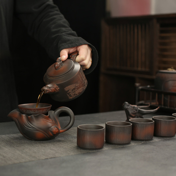 Set Kung Fu de ceai din argilă mov — ceainic ceramic cu bol acoperit, cutie cadou luxoasă