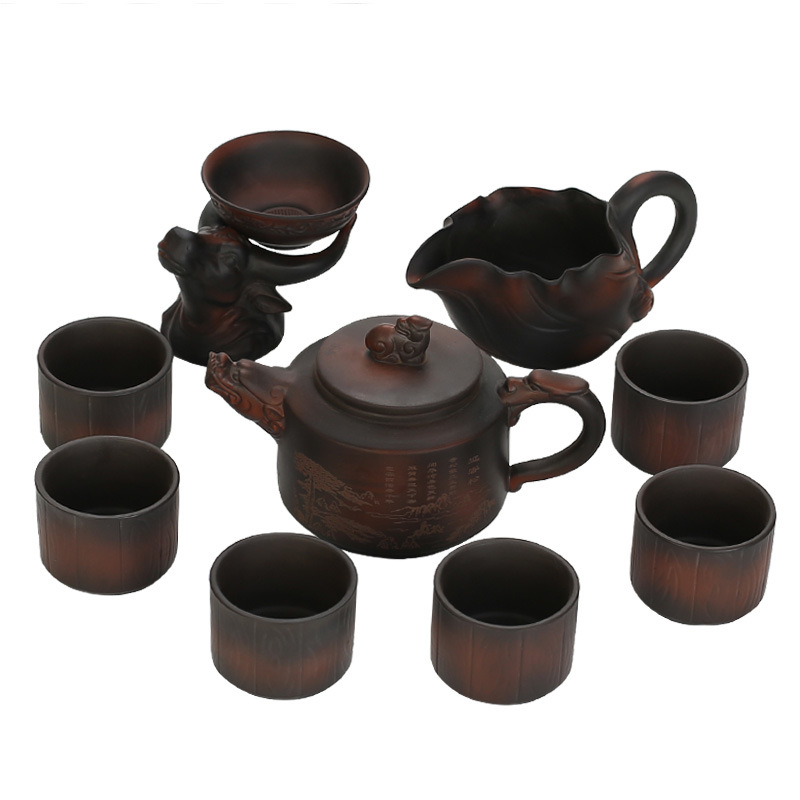 Set Kung Fu de ceai din argilă mov — ceainic ceramic cu bol acoperit, cutie cadou luxoasă