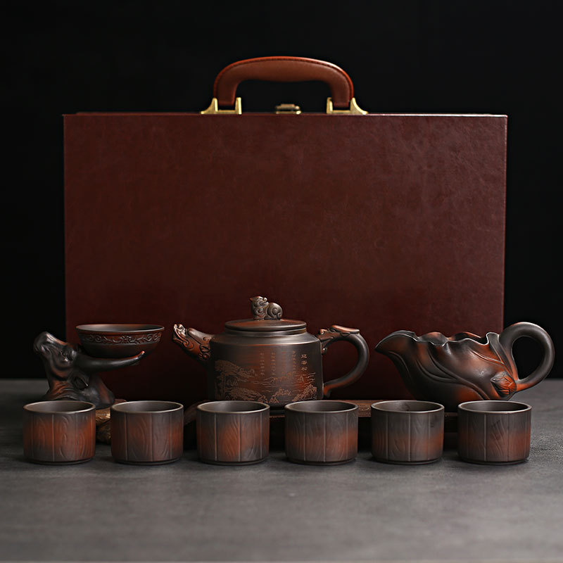 Set Kung Fu de ceai din argilă mov — ceainic ceramic cu bol acoperit, cutie cadou luxoasă