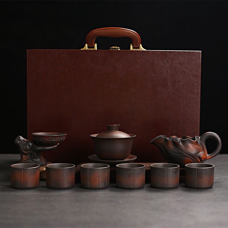 Set Kung Fu de ceai din argilă mov — ceainic ceramic cu bol acoperit, cutie cadou luxoasă