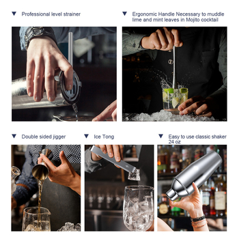 Set de cocktail din oțel inoxidabil cu cadru de bambus, 14 piese: shaker, pai, vârf pentru gheață, lingură, perie, filtru de gheață și accesorii