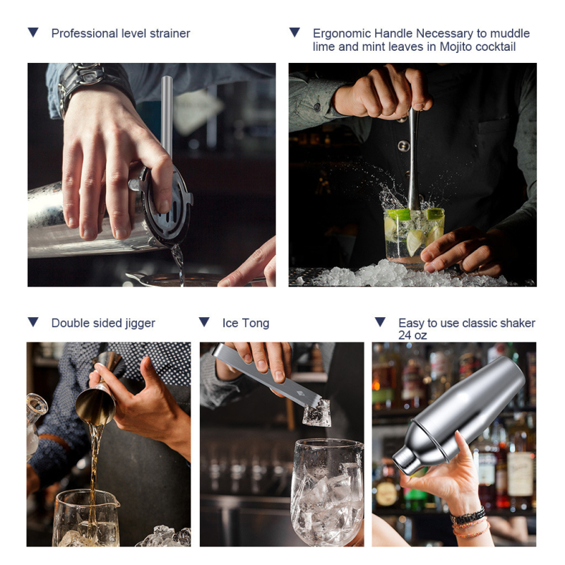 Set de cocktail din oțel inoxidabil cu cadru de bambus, 14 piese: shaker, pai, vârf pentru gheață, lingură, perie, filtru de gheață și accesorii