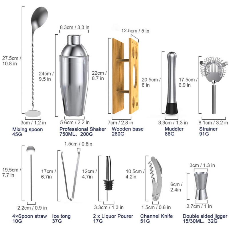 Set de cocktail din oțel inoxidabil cu cadru de bambus, 14 piese: shaker, pai, vârf pentru gheață, lingură, perie, filtru de gheață și accesorii