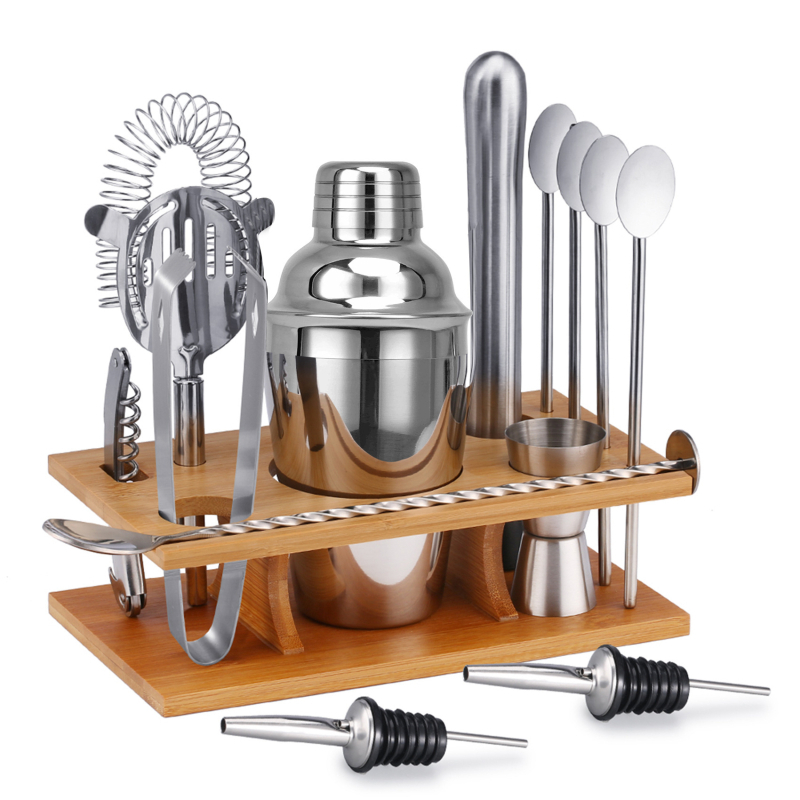 Set de cocktail din oțel inoxidabil cu cadru de bambus, 14 piese: shaker, pai, vârf pentru gheață, lingură, perie, filtru de gheață și accesorii