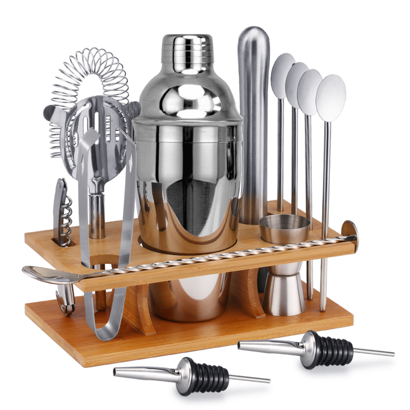 Set de cocktail din oțel inoxidabil cu cadru de bambus, 14 piese: shaker, pai, vârf pentru gheață, lingură, perie, filtru de gheață și accesorii