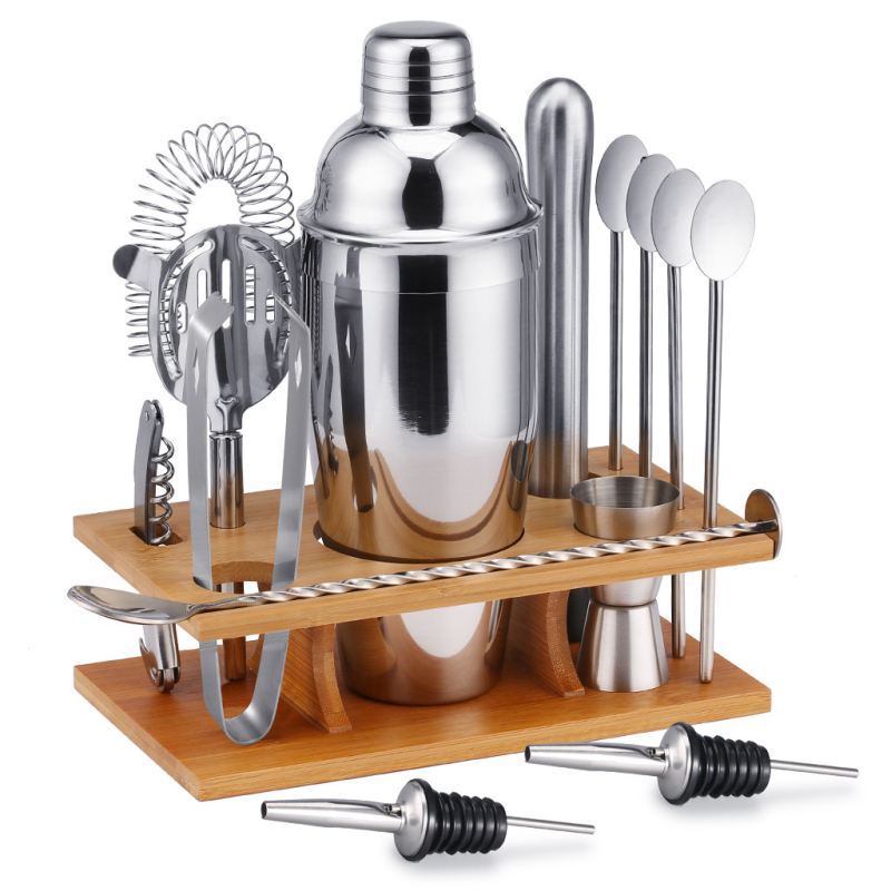 Set de cocktail din oțel inoxidabil cu cadru de bambus, 14 piese: shaker, pai, vârf pentru gheață, lingură, perie, filtru de gheață și accesorii