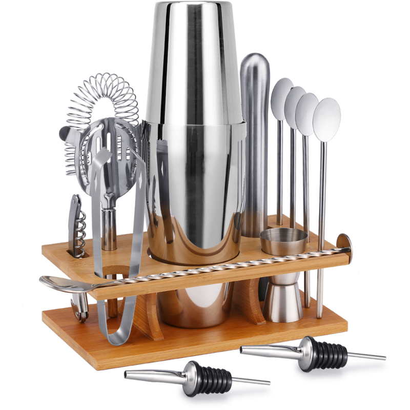 Set de cocktail din oțel inoxidabil cu cadru de bambus, 14 piese: shaker, pai, vârf pentru gheață, lingură, perie, filtru de gheață și accesorii