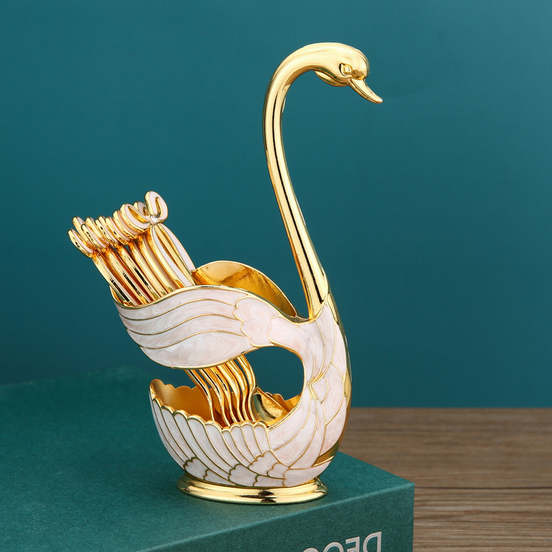 Stil european: furculiță pentru fructe, lingură de cafea și furculiță de desert cu motiv lebedă – set decorativ tacâmuri