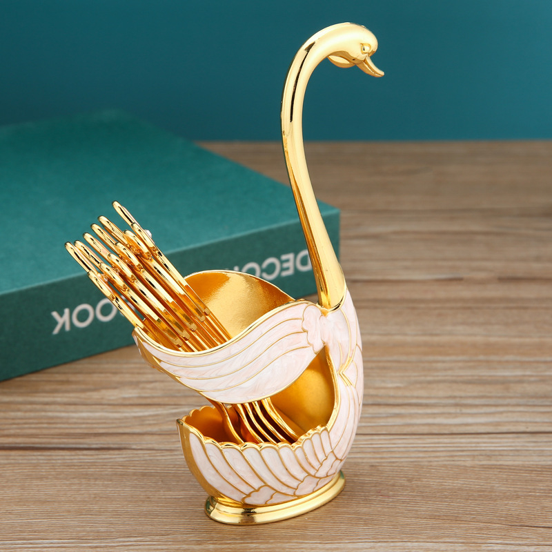 Stil european: furculiță pentru fructe, lingură de cafea și furculiță de desert cu motiv lebedă – set decorativ tacâmuri