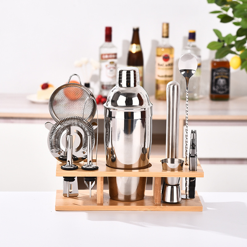 Set de 11 piese din oțel inoxidabil pentru shaker de cocktail cu bază din bambus
