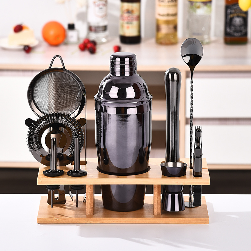 Set de 11 piese din oțel inoxidabil pentru shaker de cocktail cu bază din bambus