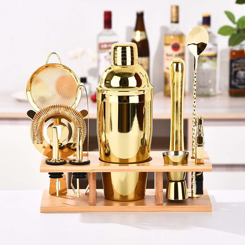 Set de 11 piese din oțel inoxidabil pentru shaker de cocktail cu bază din bambus