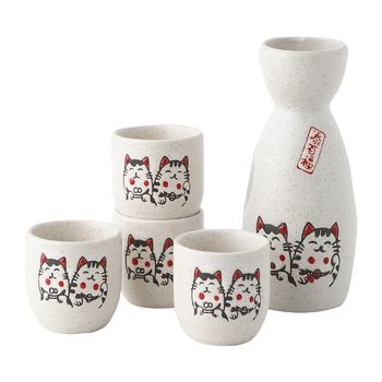 Set japonez de saké din porțelan pictat manual, cu un vas și patru pahare, ambalat individual într-o cutie cadou