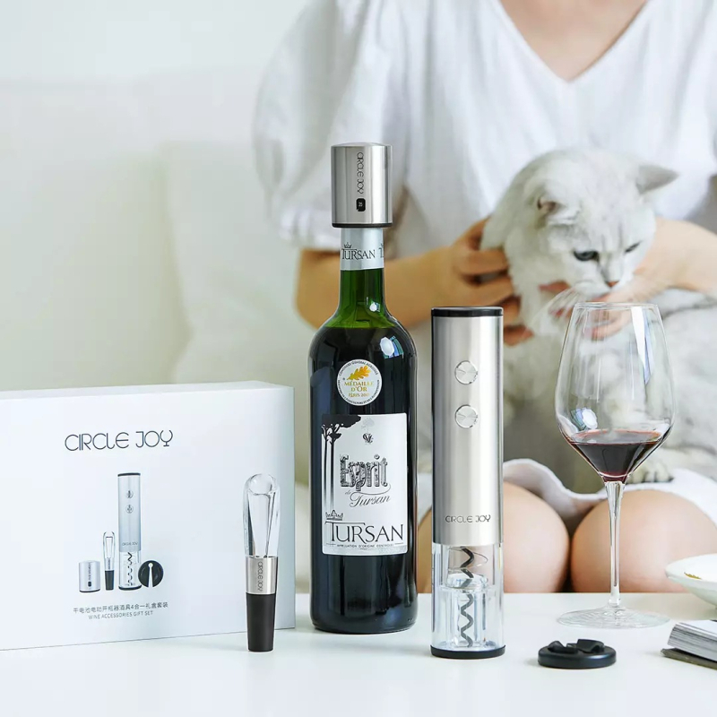 Deschizător electric pentru vin roșu, set cadou 4 în 1, din oțel inoxidabil 304, Round Music