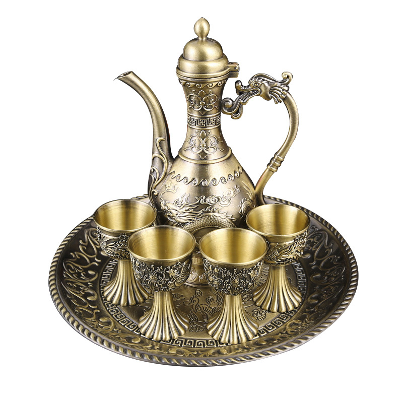 Mcnice crafts set de vin premium în cutie cadou, stil clasic pentru uz casnic, aspect bronz antic inspirat din Rusia, decantor, pahare și tavă de servire