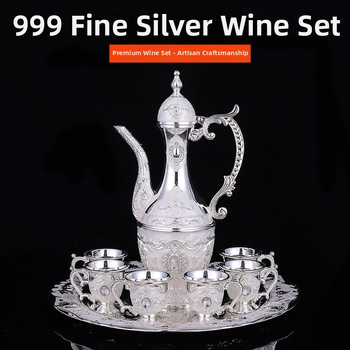 Prémiový 999 strieborný set na nápoje, poháre na víno, karafa na víno, európsky štýl súpravy zo čistého striebra, vinový dávkovač, darček